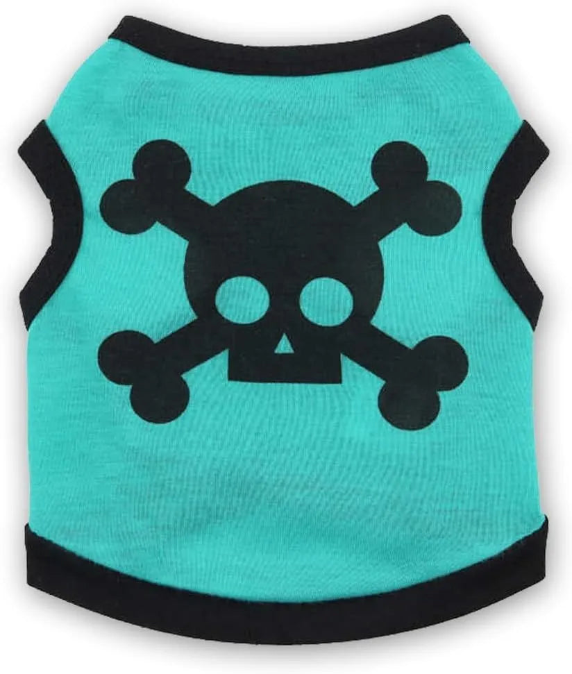 Halloween dog vest with skull bones pattern in blue, orange, purple colour options on small pet