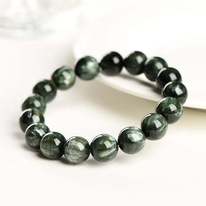 Natural Green Dragon Crystal round bead bracelet with 8-9mm beads and geometric Ruyi design