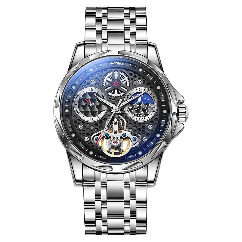 Men's waterproof automatic watch with luminous hands on a stainless steel bracelet.