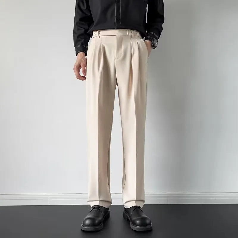 Men's straight-leg loose fit trousers in apricot and black colours with polyester fabric