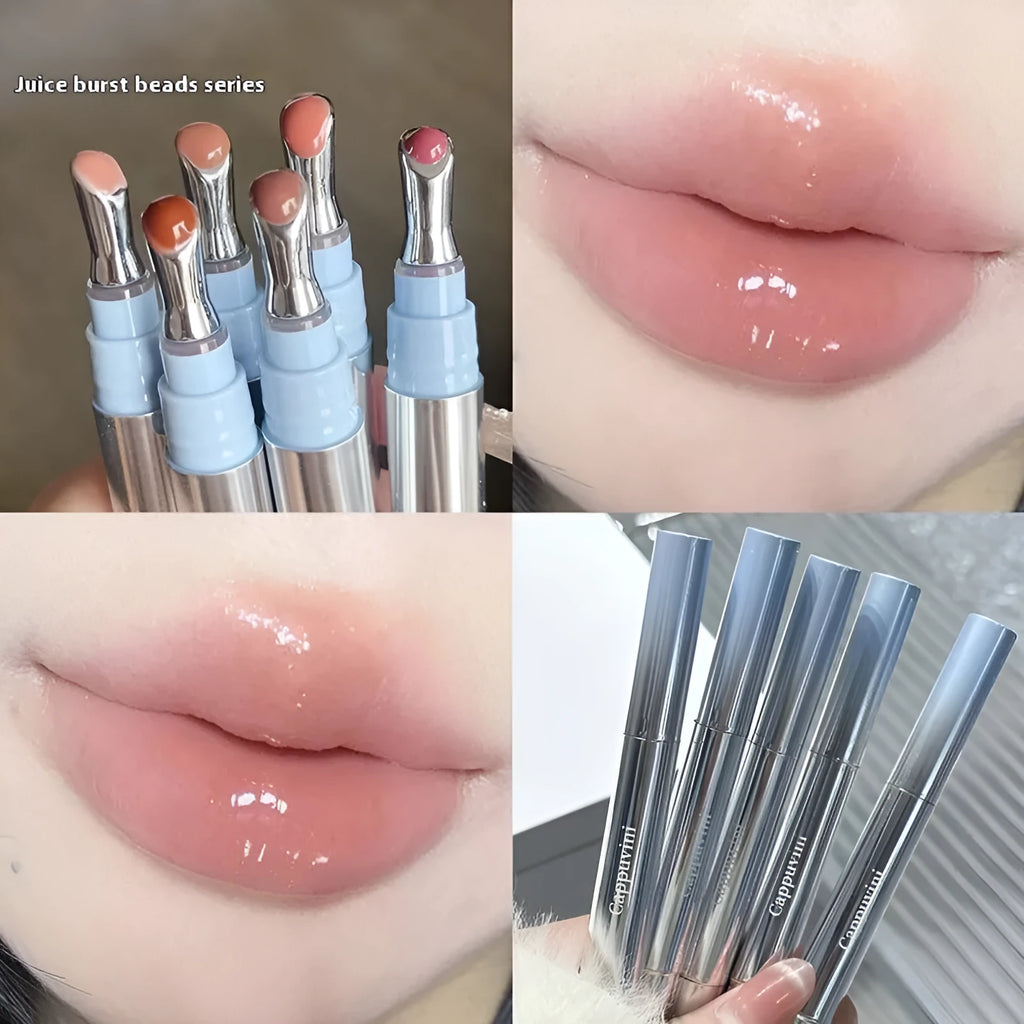 Mirror Water Light Lipstick in six shades: Almond Ice, Silver Ice, Pear Ice, Raspberry Ice, Peach Gum Ice, Pomegranate Ice