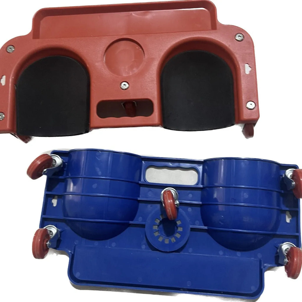 Car repair knee board with universal wheels in blue plastic for household use.