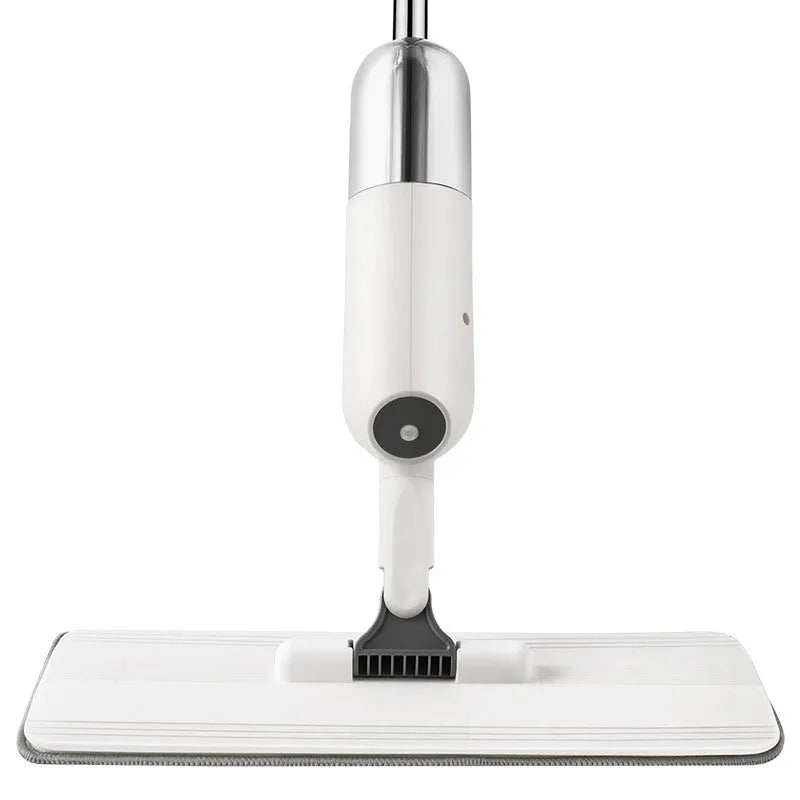 Flat cleaning mop with blue microfiber pad next to a white wringing bucket.