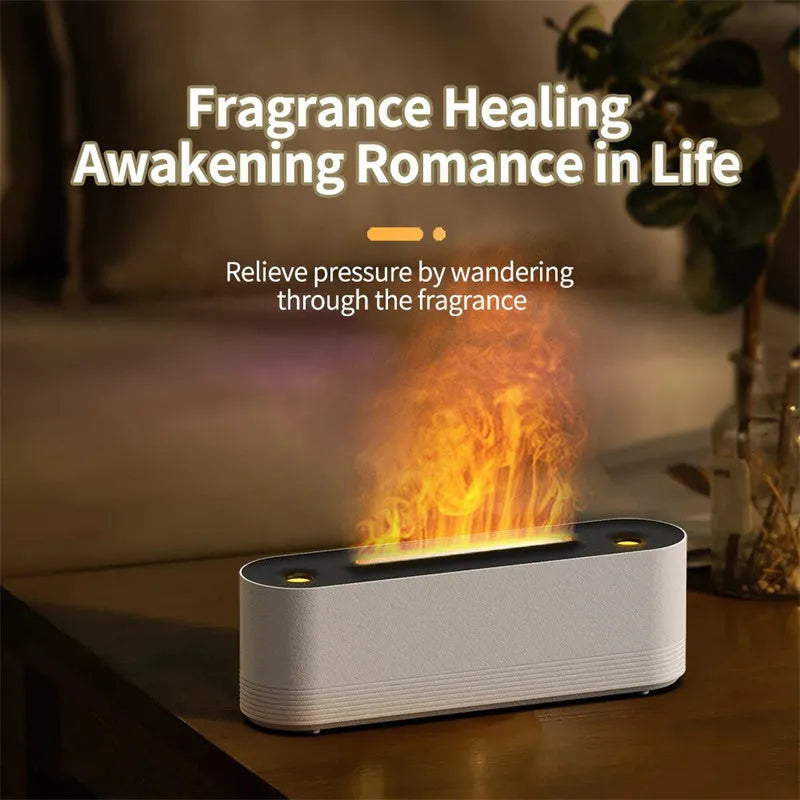 Black or white flame air humidifier and aroma diffuser with LED lights and water mist