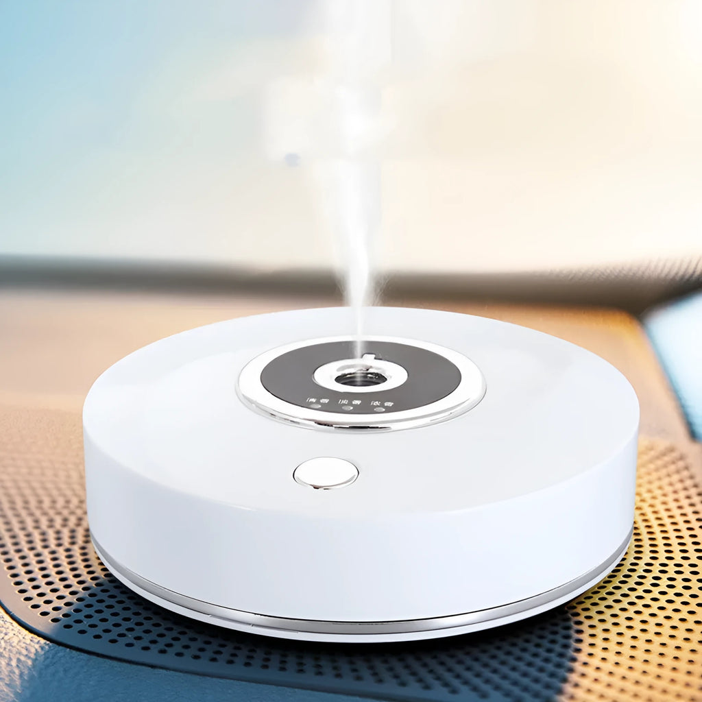 USB-powered plastic car fragrance diffuser in black, grey, or white with anti-slip pad and charging cable.