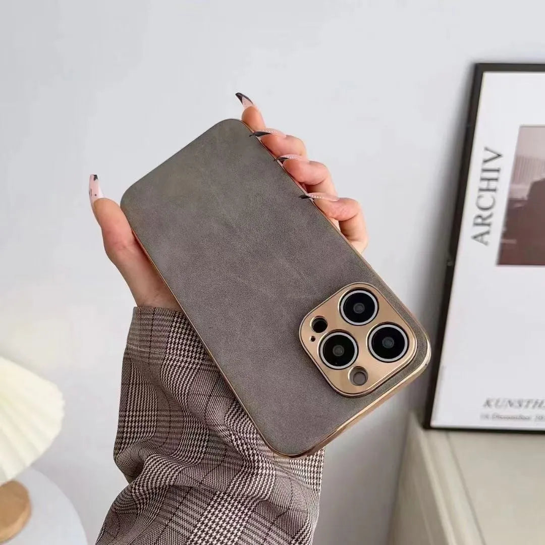 Leather texture TPU phone case for iPhone in grey, black, grey-green, and blue colour options.