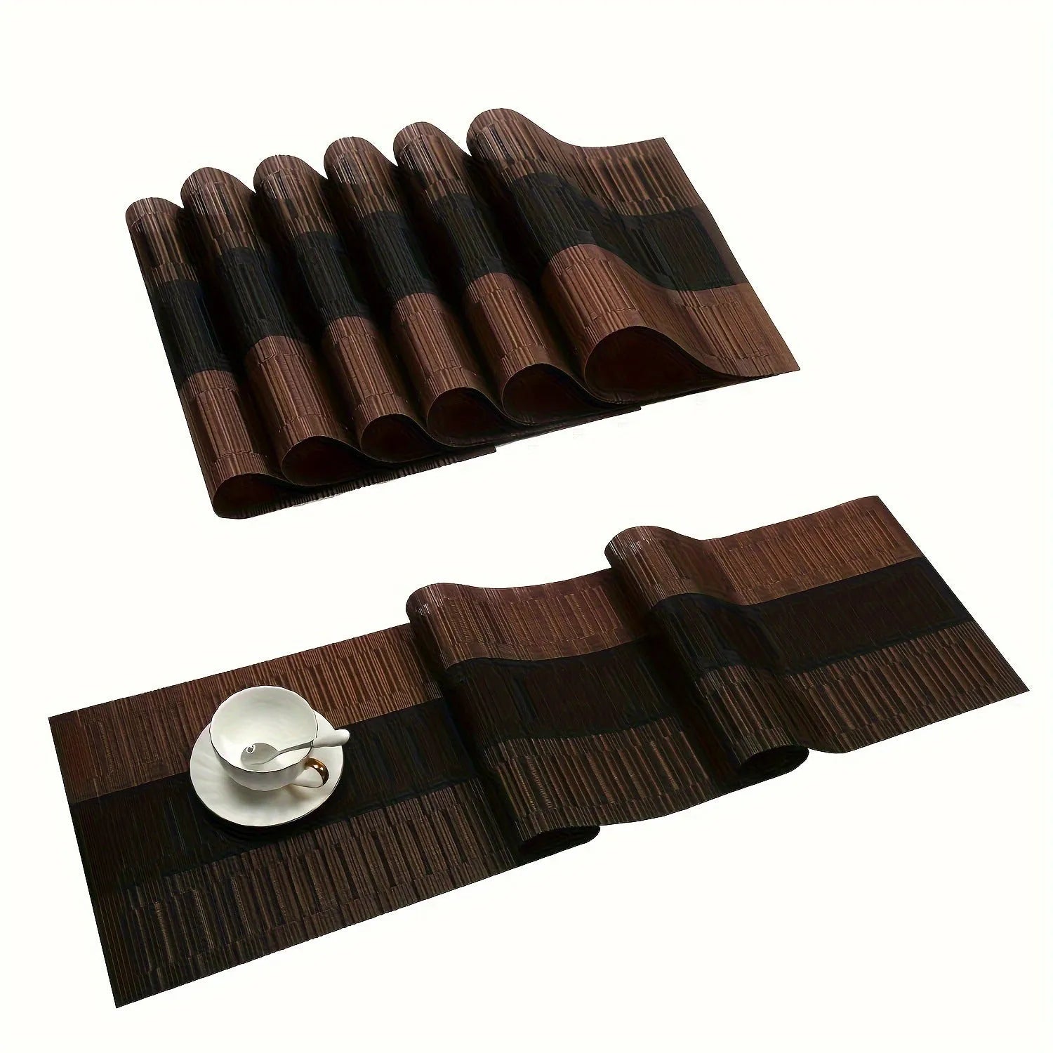 Modern PVC non-slip placemat in gradient bamboo black on a kitchen table.