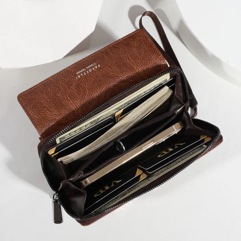Men's long black PU leather-look wallet open to show multiple card slots.