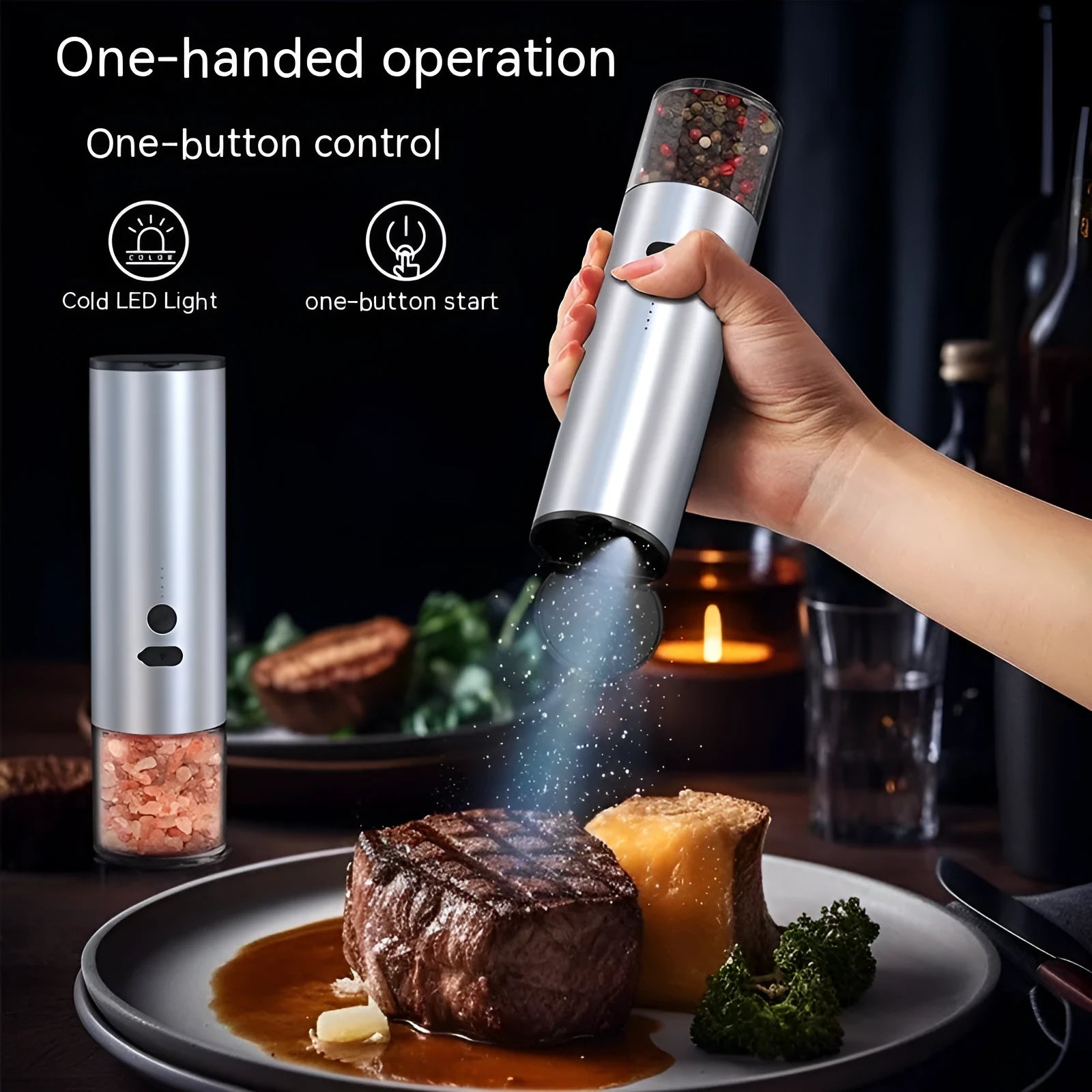 White electric salt and pepper grinder with clear glass jar and LED light