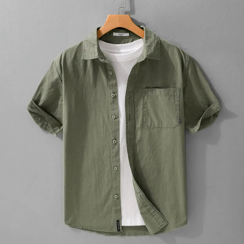 Men's pure cotton summer short sleeve shirt in loose cardigan style available in five colours