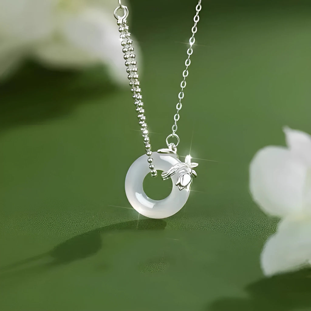 925 silver tulip white jade peace buckle necklace with cross chain on woman