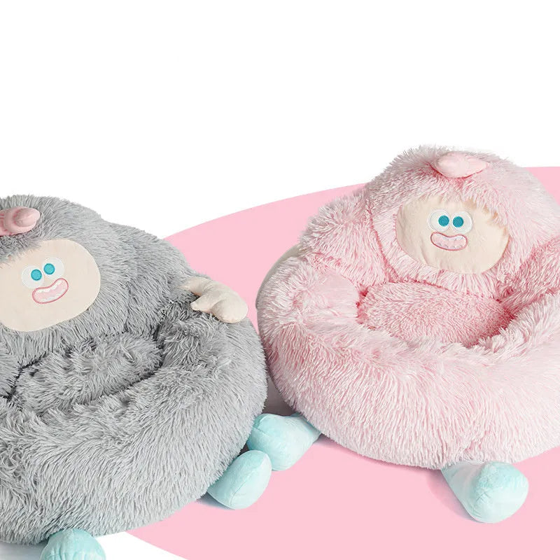 Grey plush pet nest bed for cat or dog, showing raised sofa-style edges.
