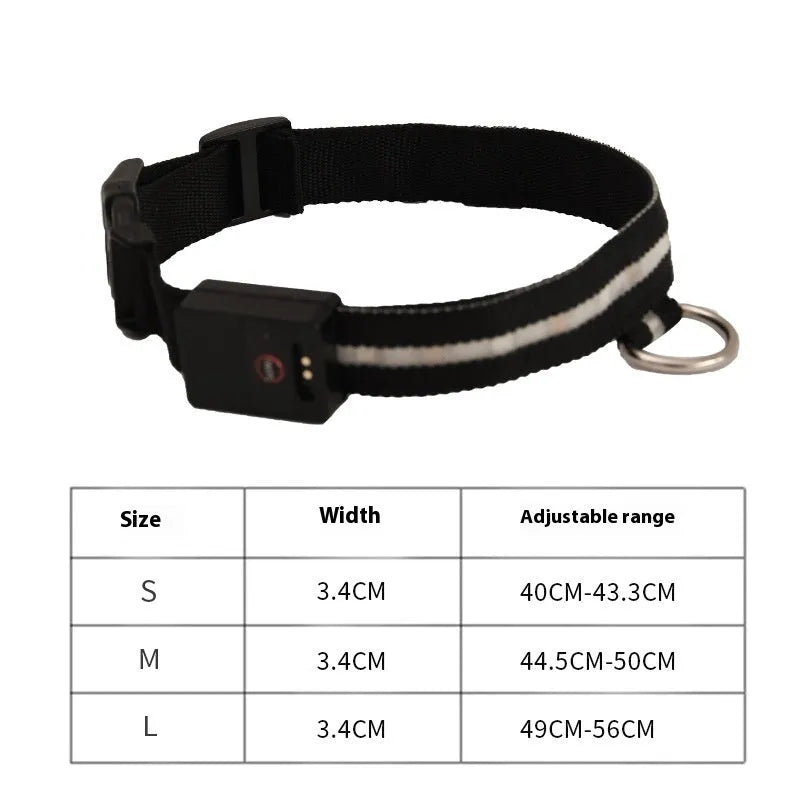 Black LED luminous dog collar with cartoon design and attached hand rope for nighttime walking safety