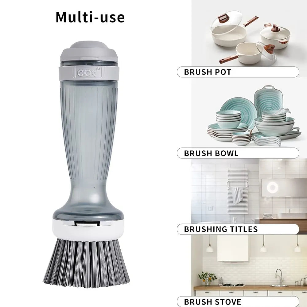 Milk white and mint green dish brush with soap dispenser in handle and non-scratch bristles