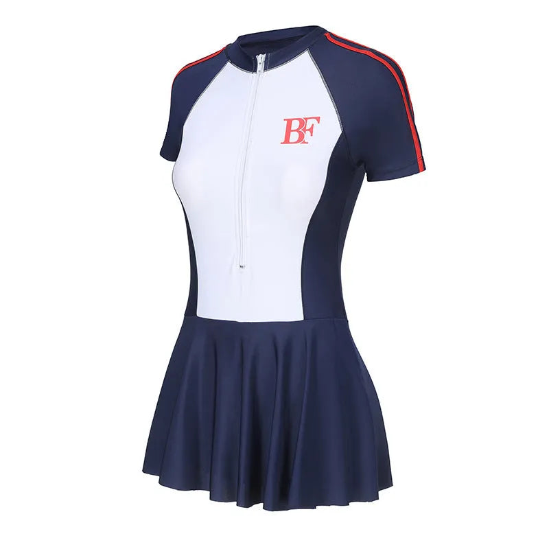 Ladies conservative style one-piece swimsuit in elastic polyester for sports.