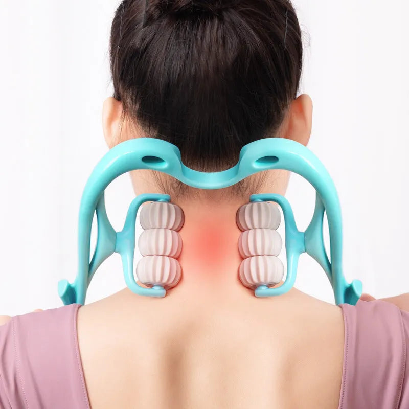 Blue plastic handheld massage roller with six wheels for neck, shoulder, and back muscle relief.
