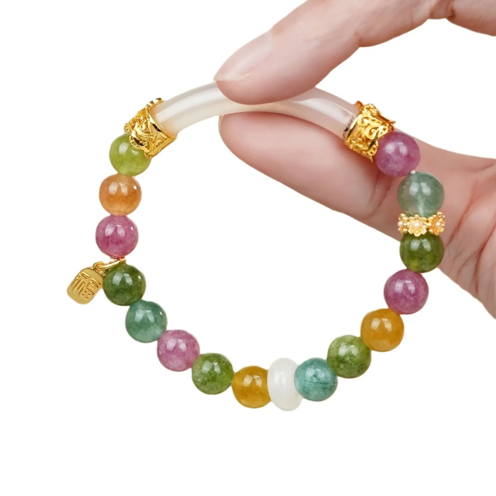 Tourmaline half bracelet in rainbow colours with electroplated finish for women