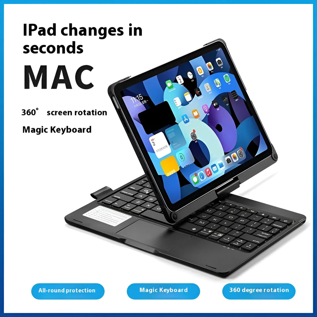 Miaocontrol silver rotating Bluetooth keyboard attached to an iPad tablet showing a 45-degree angle.