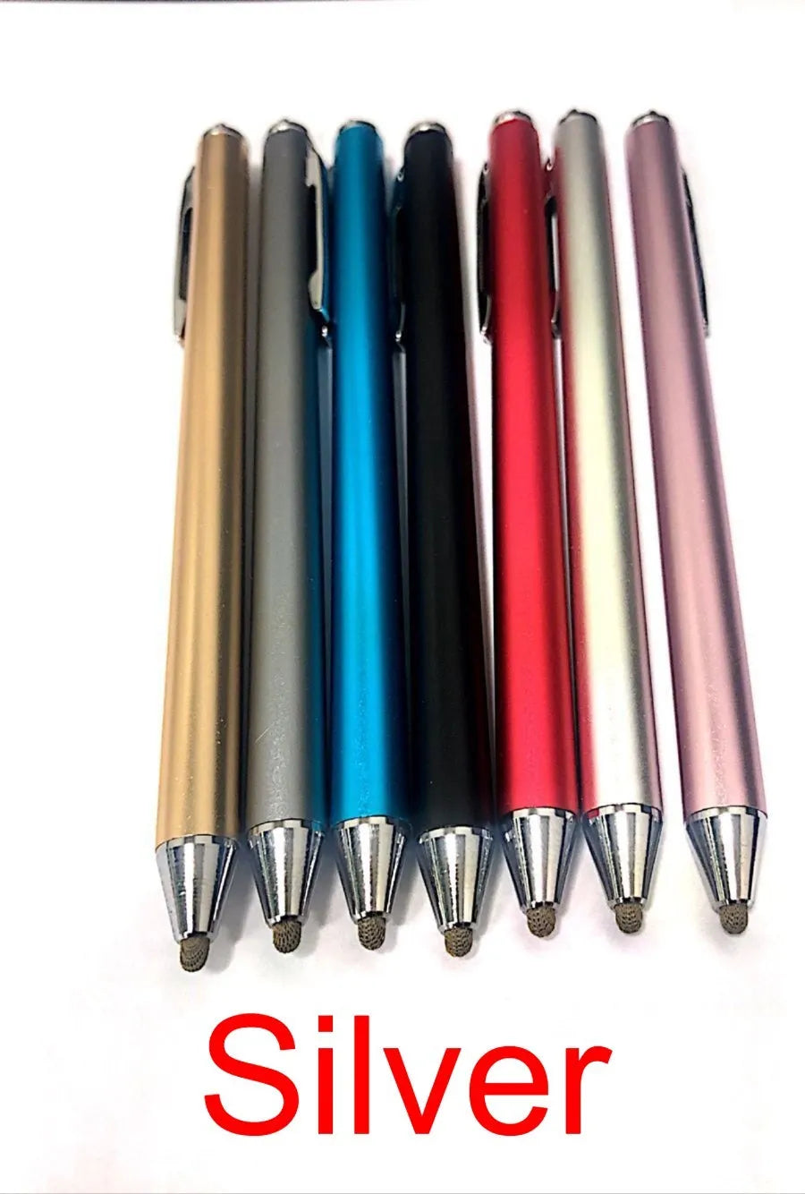 A metal fine-tip capacitive stylus pen for touchscreen phones, tablets, and computers.