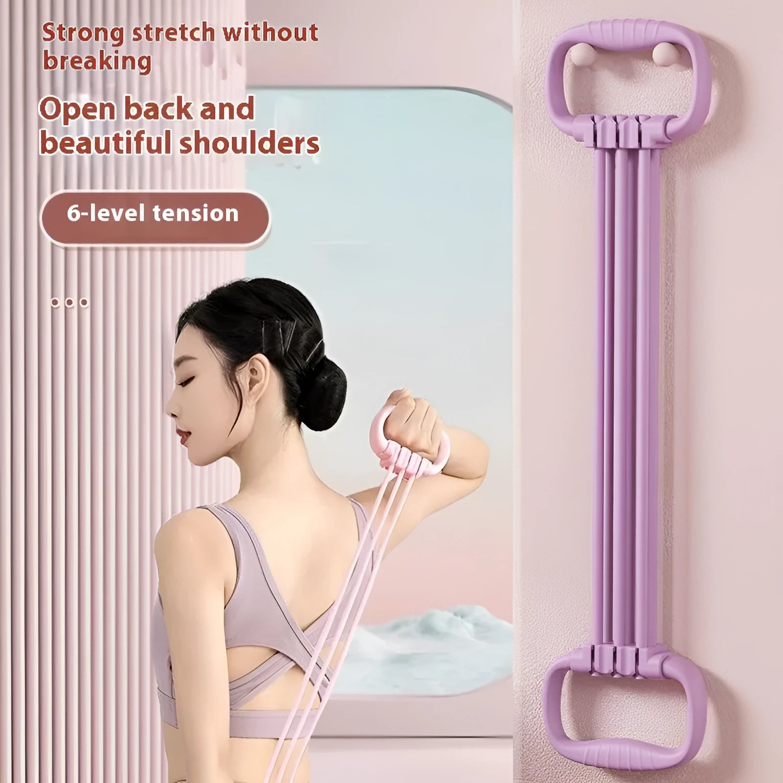 Blue adjustable 6-gear chest expander with open shoulder design and TPE tensile rope