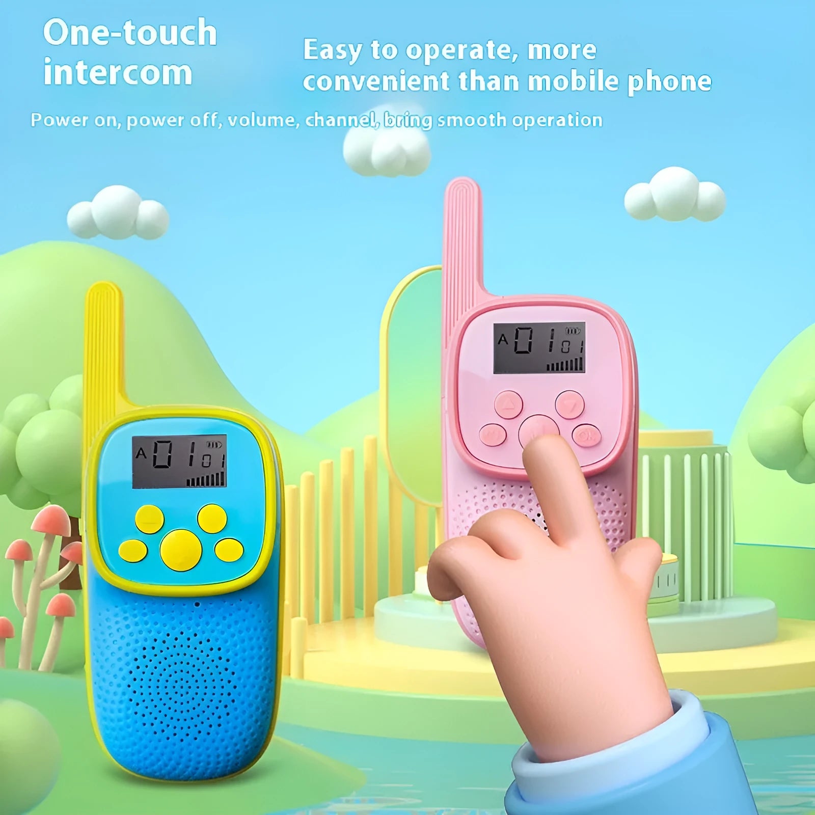 Wireless cartoon children's walkie-talkie toy in pink and blue with non-slip grip