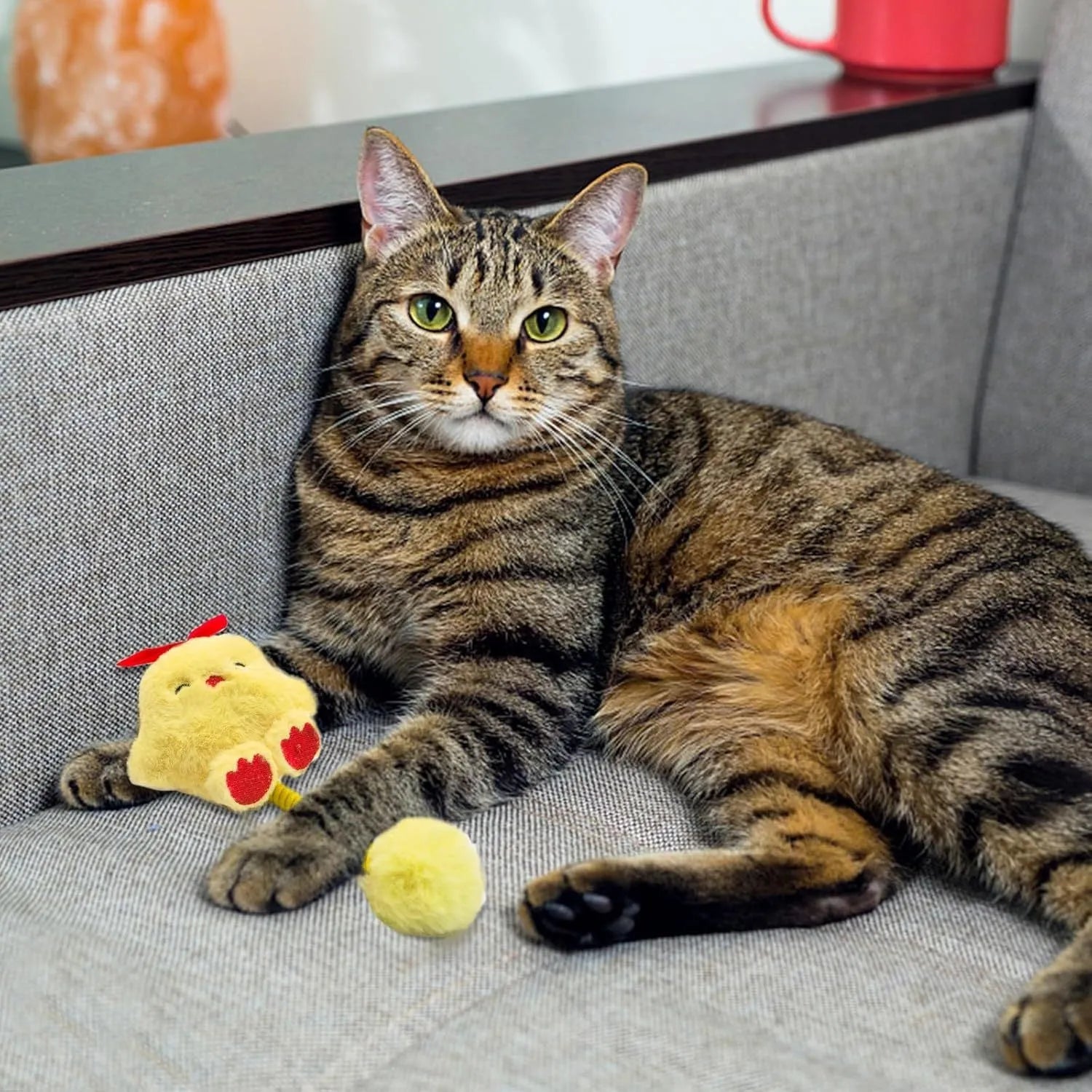 4-in-1 interactive cat toy with silvervine fruit, spring and plush animal figure for indoor kittens