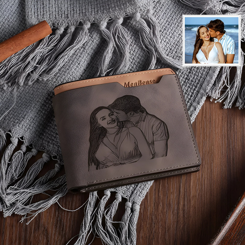 Engraved coffee-coloured PU horizontal short wallet showing personalisation and seven card slots