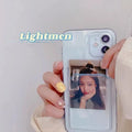 Clear transparent PVC iPhone case with a credit card visible in the integrated rear slot.