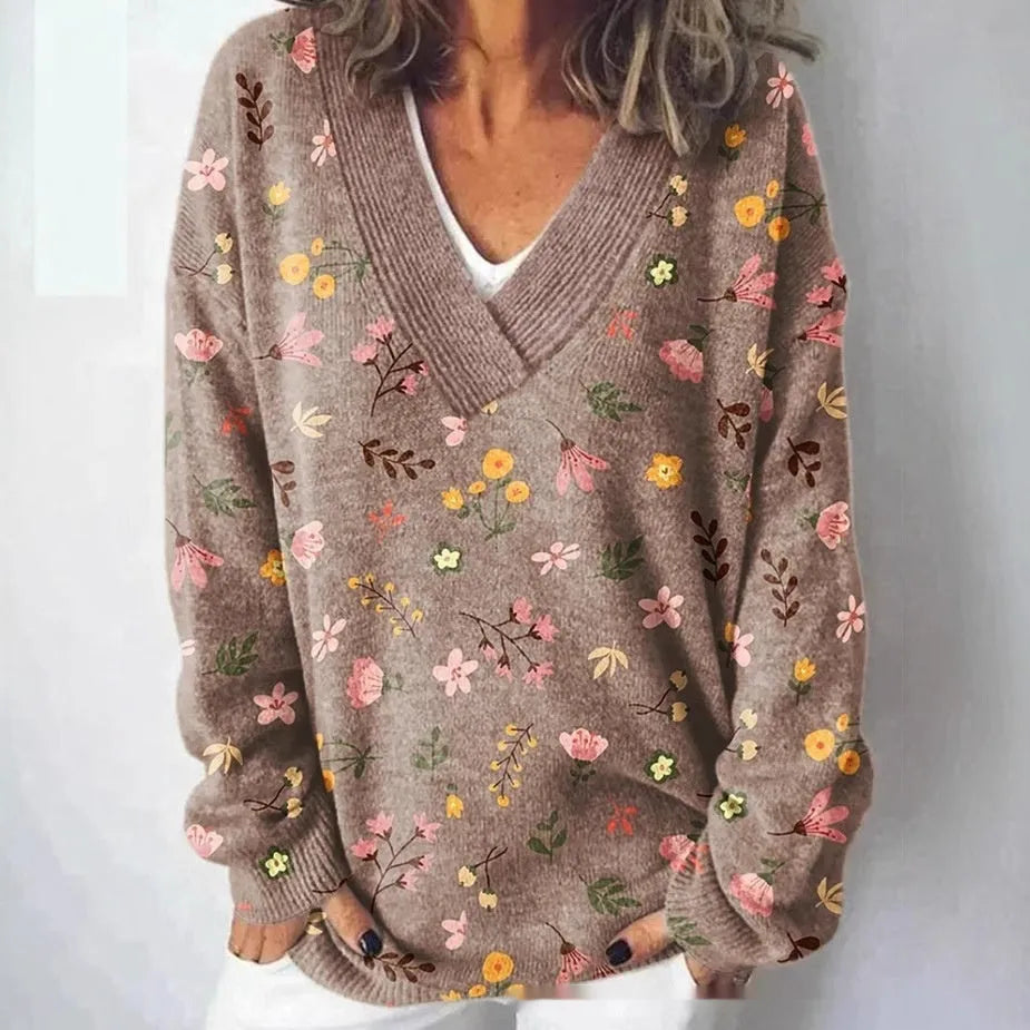 Women's V-neck long sleeve sweatshirt with a retro 3D floral pattern print in a colour from the E073 range.