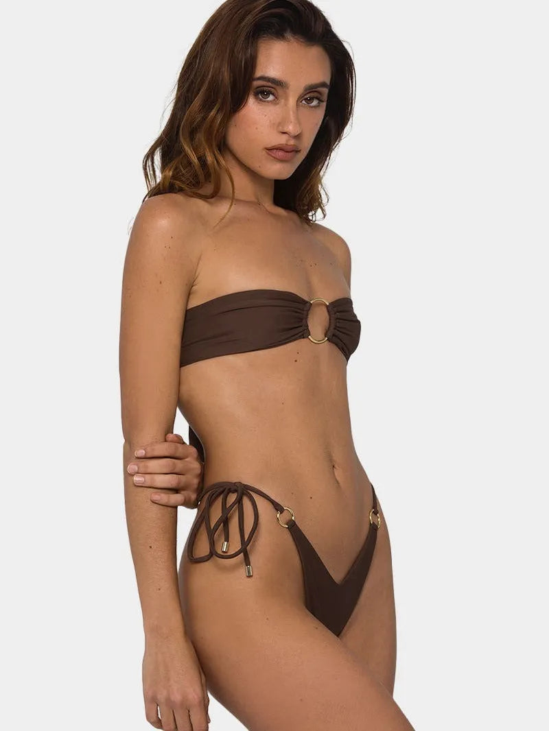 Brown women's push up bikini swimsuit with a tube top and ring tether detail.