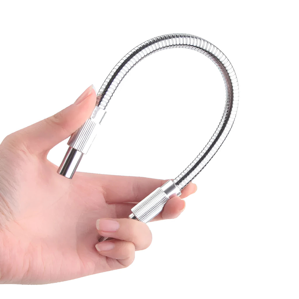 Silver metal flexible shaft extension for cordless drills with a 6.35mm shank.
