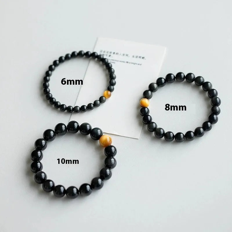 Black polished obsidian geometric bracelet with 10mm beads, Korean unisex style.