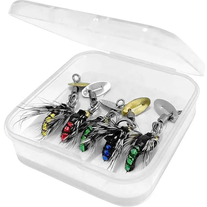 Five bionic poisonous mosquito fishing lures with spinning sequins in multicolour patterns