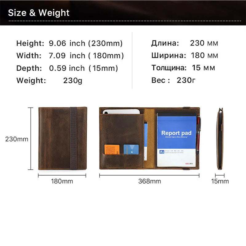 Brown Crazy Horse leather A5 notebook protective sleeve with multiple storage compartments