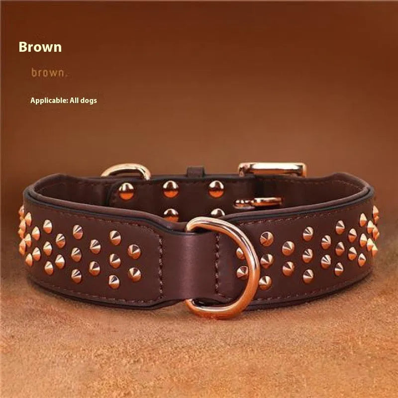 Black leather dog collar with metal rivets and buckle for large adult dogs