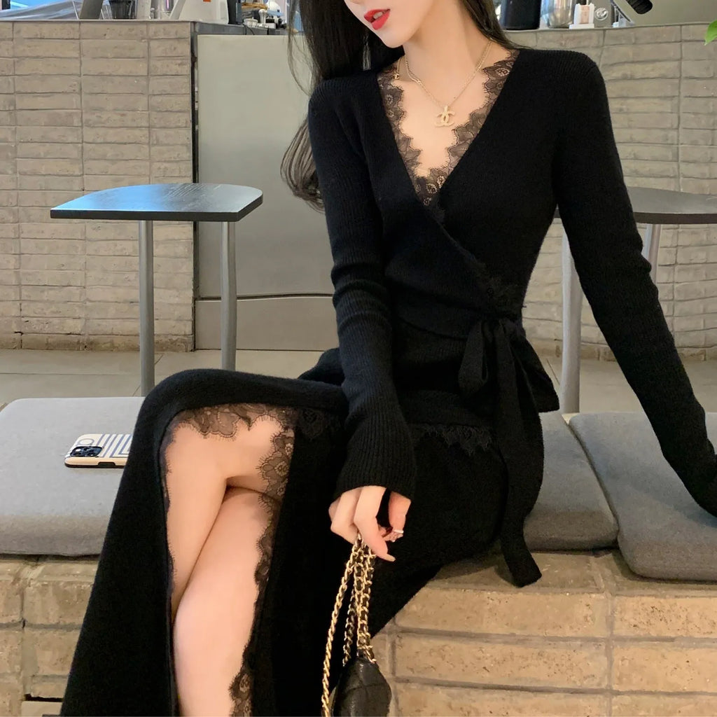 Black women's slim fit woolen princess dress skirt on a model.