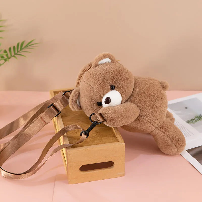 Cartoon bear lying plush doll crossbody bag in beige with airpillow strap