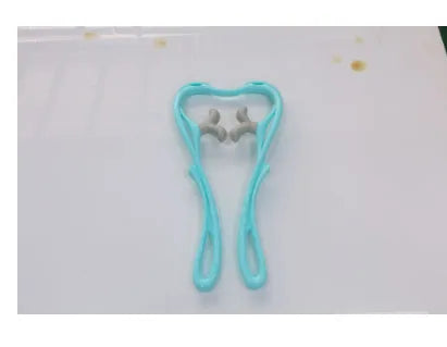 Blue manual swan-shaped neck massager with six rolling wheels and a natural crystal jade scraping board on a white background.