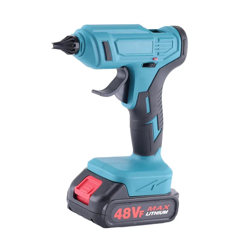 21V rechargeable lithium hot melt glue gun with bare metal finish and 11mm glue sticks