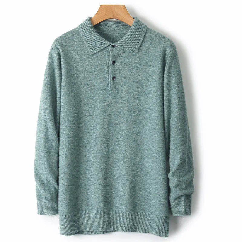 Men's grey wool pullover sweater with a polo collar and long sleeves, showing collage stitch detail.
