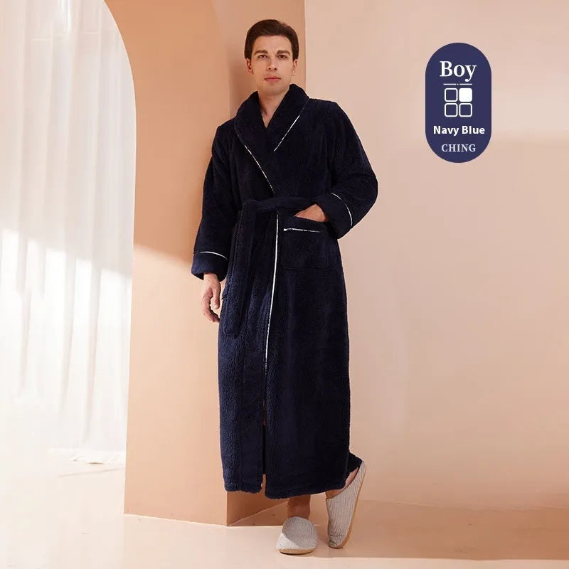 Thick flannel winter bathrobe for couples in multiple colour options like navy blue and cherry yellow.