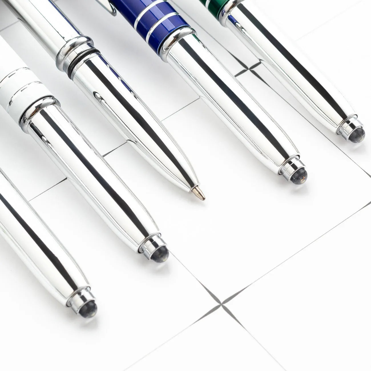 Multifunctional metal ballpoint pen with capacitive stylus tip and LED light in five colour options