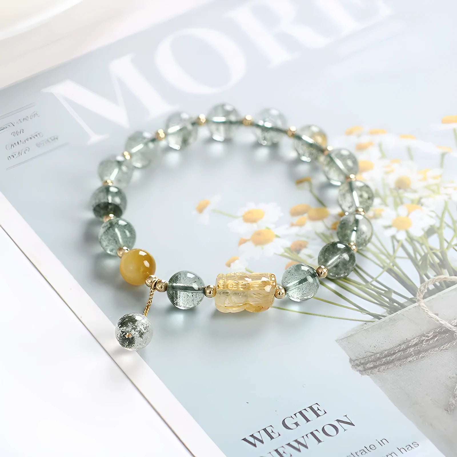 Green phantom quartz crystal bracelet with 8mm geometric beads and gold rutile inclusions