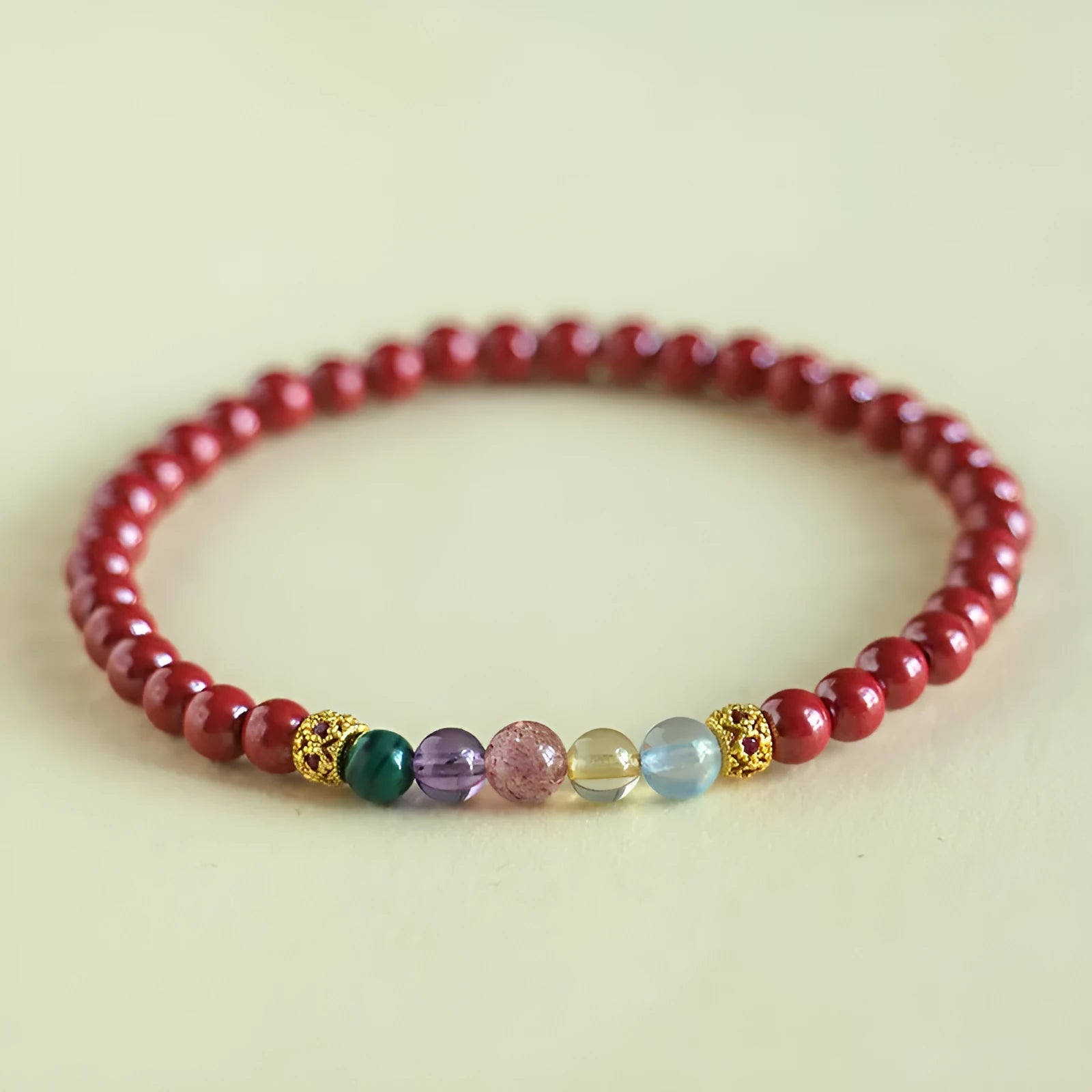 Handmade purple gold sand crystal bead bracelet on a wrist, showing 6mm bead size option.