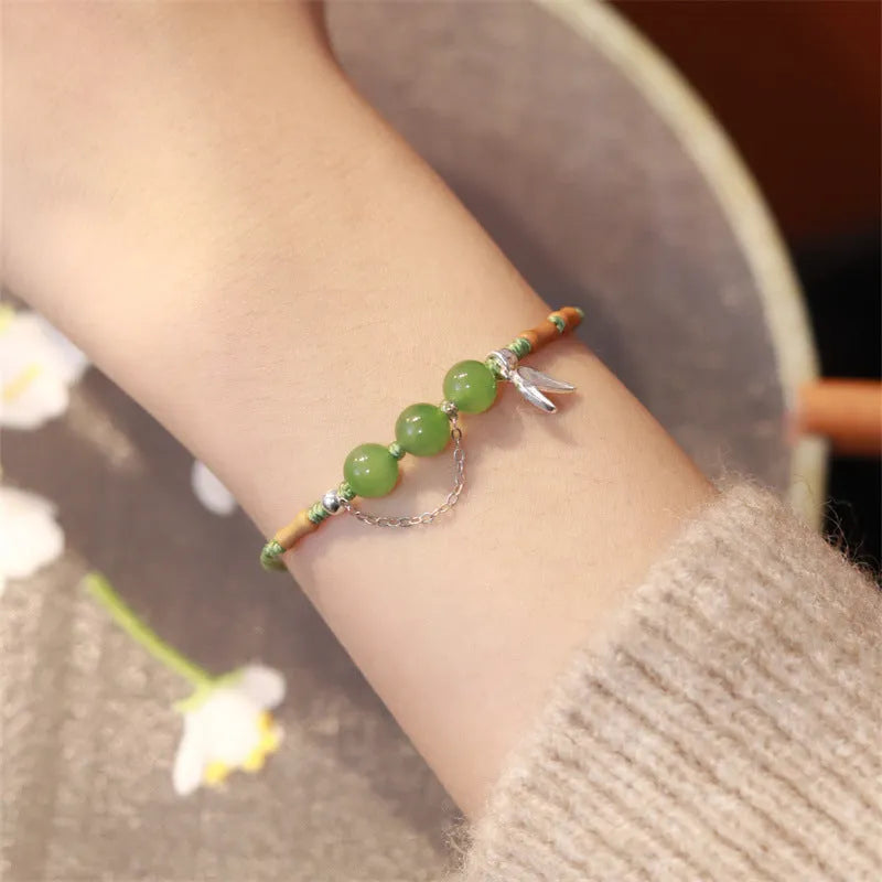 Hetian jade diamond-shaped bracelet with woven strap in light green or haze blue chalcedony