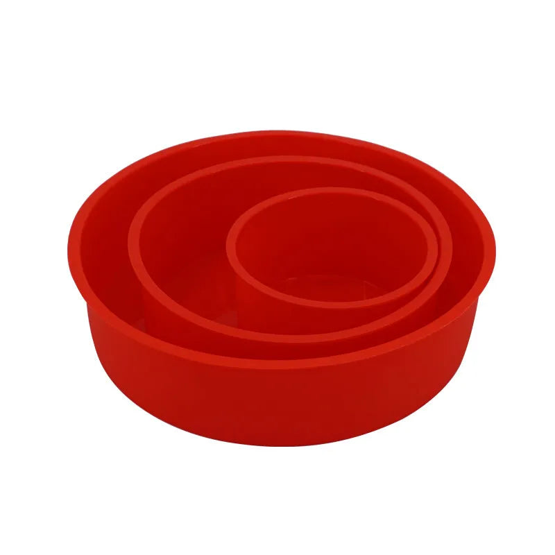 Red silicone round cake baking mould showing three size options for home baking