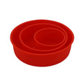 Red silicone round cake baking mould showing three size options for home baking