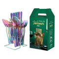Gold stainless steel 24-piece cutlery set with storage rack containing knives, forks, spoons and teaspoons