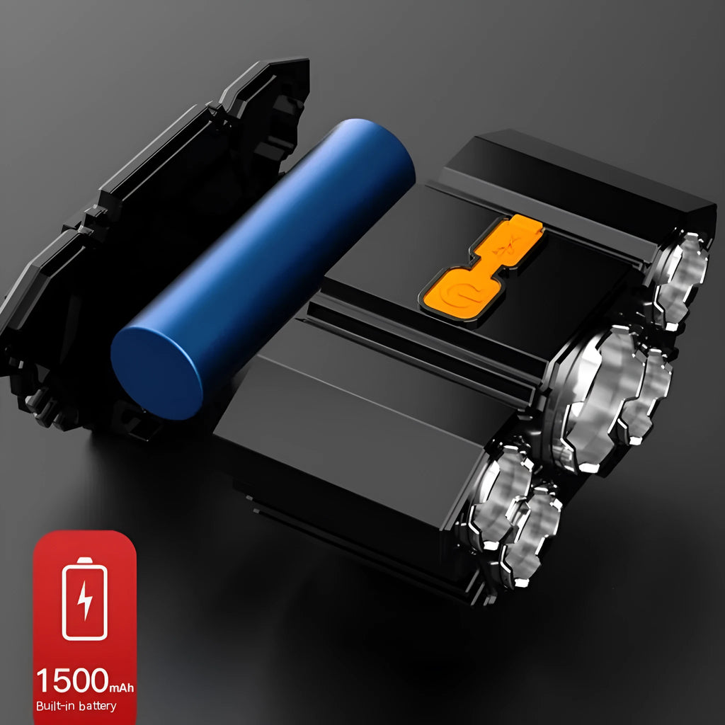 Head-mounted LED miner's lamp flashlight with head strap, 10W power rating, and rechargeable battery