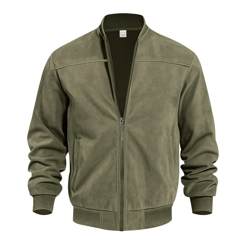 Men's plus size suede zip-up casual jacket in army green colour on a hanger.